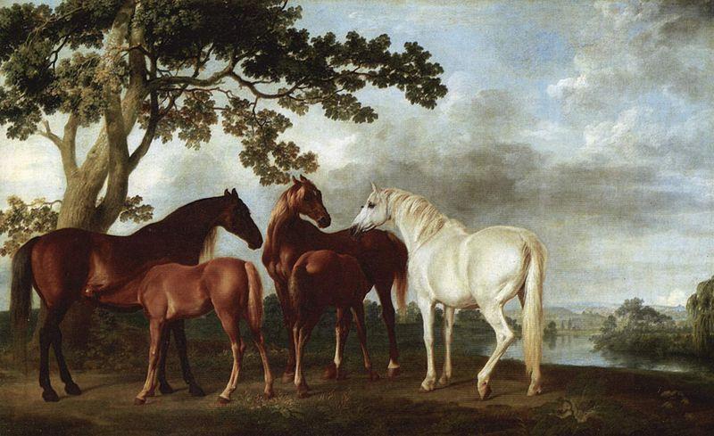 George Stubbs Stuten und Fohlen in einer Flublandschaft